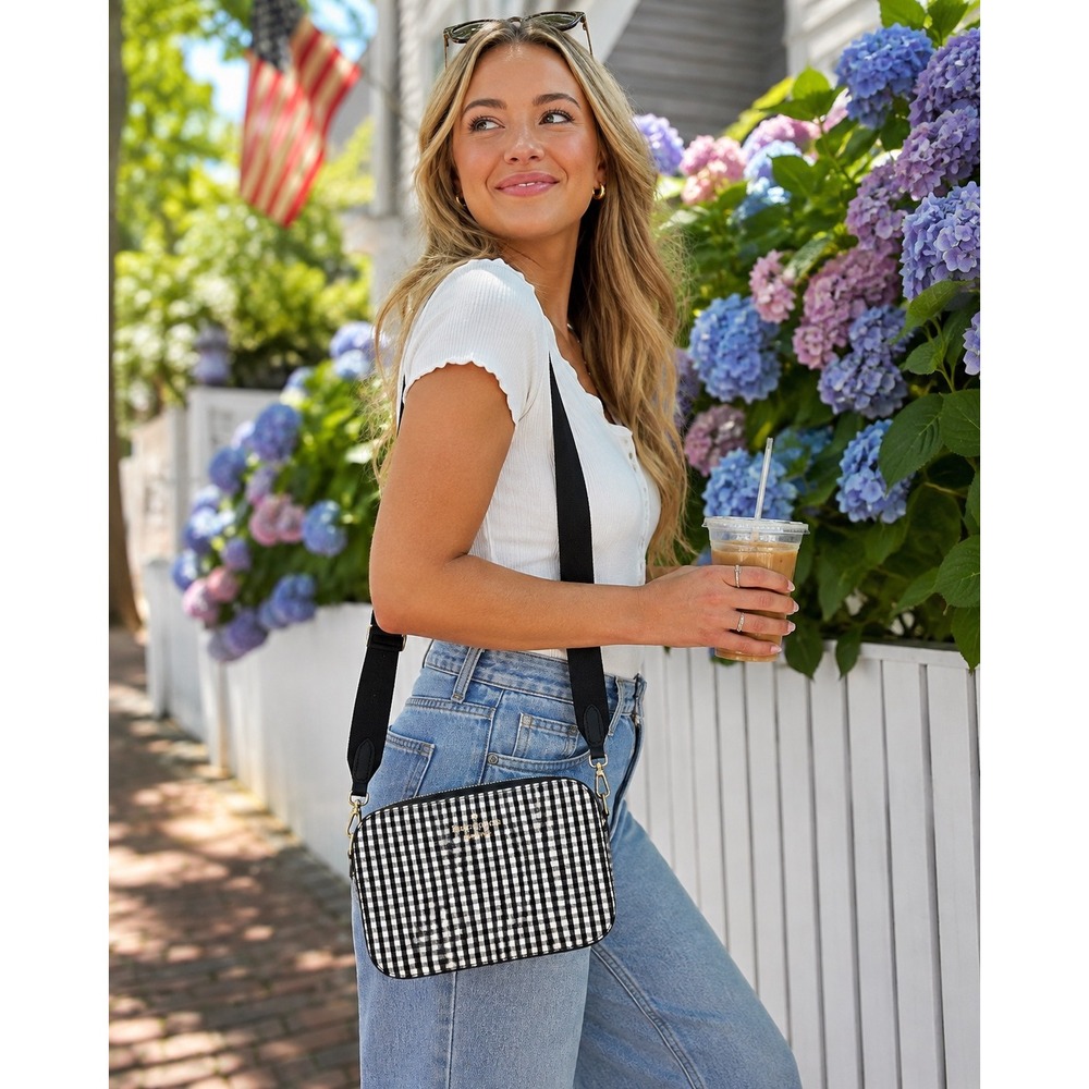 Kate Spade Madison Gingham Mini Camera Bag Designer Crossbody Black White Check
